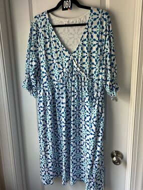 Royal Blue and Teal on White Empire-Style V-neck Dress